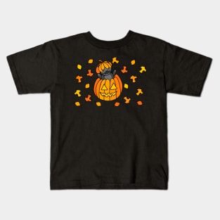 Cartoon Halloween Cat in Jack o Lantern Pumpkin with Fall Leaves on a Purple Backdrop, made by EndlessEmporium Kids T-Shirt